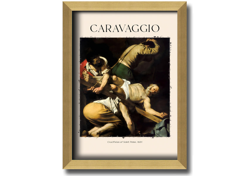 Canvas print of Crucifixion Of Saint Peter by Caravaggio, mounted on a box frame, showcasing vibrant colors and intricate details.